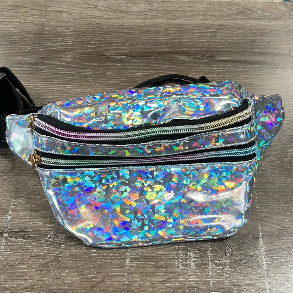New Retro Shiny Holographic Fanny Pack Belt Waist Travel Bag Black 90s 80s party